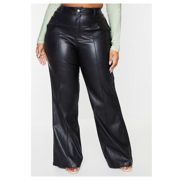 Women's Black Wide Leg Faux Leather Pants - Picture 3 of 10